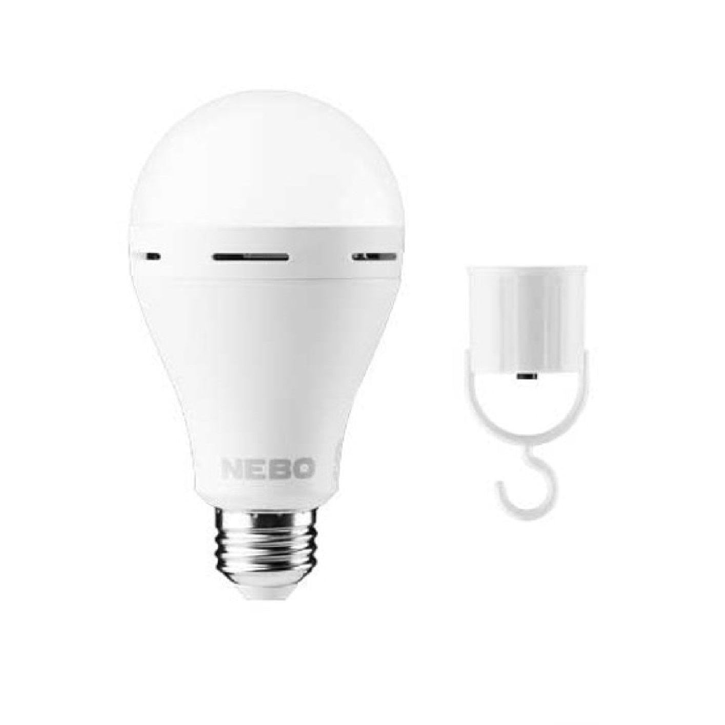 The NEBO NEB-ARE-0003 Blackout Backup Rechargeable Emergency Light Bulb, featuring an E27 screw base, is shown as an energy-efficient lighting solution. Nearby is a small white socket adapter with a hook, both set against a plain white background, ideal for backup during power outages.