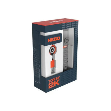 A red and black NERF blaster in its packaging is on a white background, next to an image showcasing the blaster and accessories. The NERF branding emphasizes its specs, while the NEBO NEB-FLT-1006 Torchy 2K flashlight, featuring 2000 lumens and USB rechargeability, completes the set.