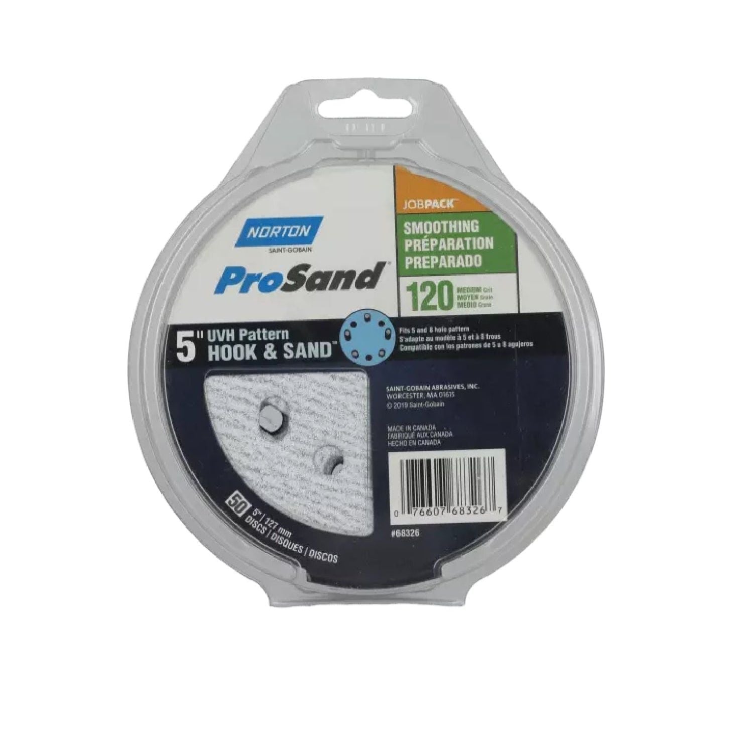 Close-up of NORTON ProSand 68326 5-inch UVH pattern hook and sand discs package. Includes 50 sanding discs, 120 grit, ideal for smoothing and prepping. Label displays product details and barcode.