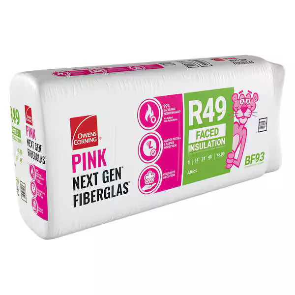 A package of Owens Corning 24 in. x 48 in. Kraft Faced Fiberglass Insulation Batt 48SQ FT features the Pink Panther and icons for fire resistance and energy savings on white and pink Owens Corning EcoTouch packaging.