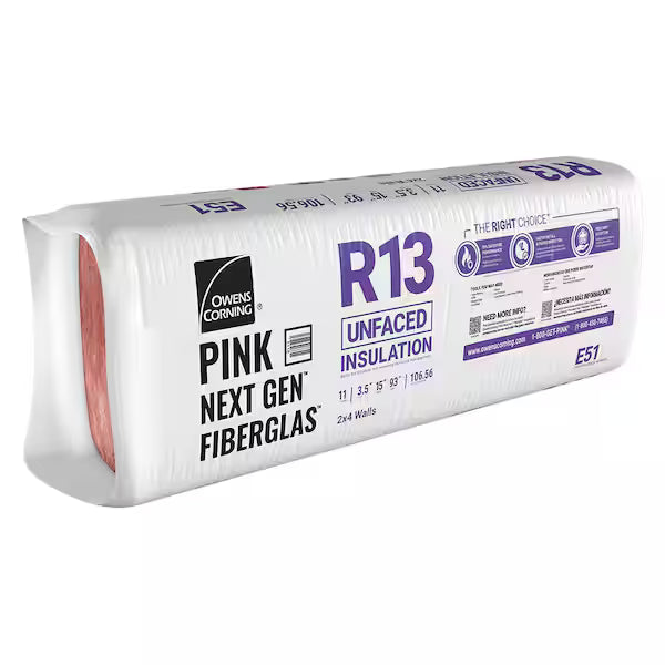 The Owens Corning R13 15 in. x 93 in. Unfaced Fiberglass Insulation Batt (107 sq ft) comes in a rectangular package featuring mostly white wrapping with purple and black graphics.