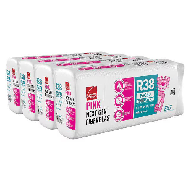 Four bundles of Owens Corning R38 24 in. x 48 in. Attic Faced Fiberglass Batt Insulation (64 sq ft each) feature brand details and the pink panther mascot on white and pink packaging.