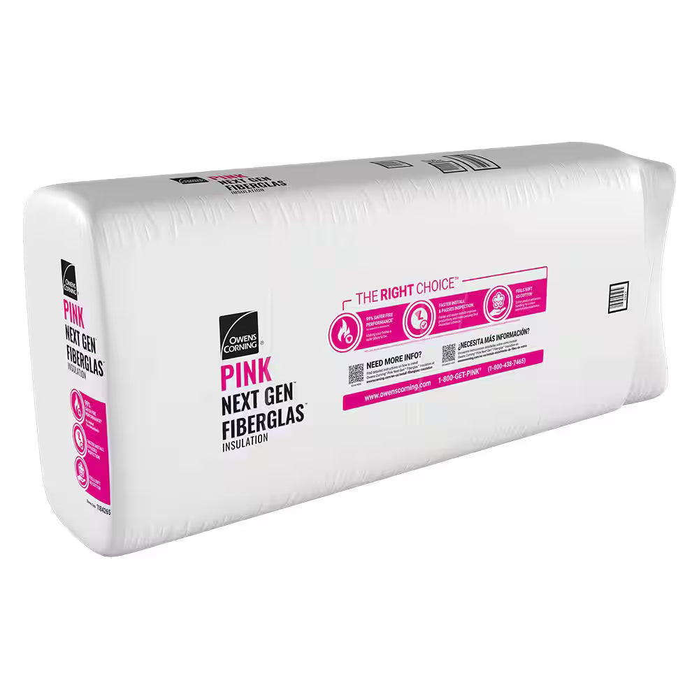 A sealed package of Owens Corning R38C 23.75 in. x 48 in. Kraft Faced Fiberglas Insulation Batt (63 sq ft) with signature pink and white branding, product info, and icons showcasing key features and benefits.
