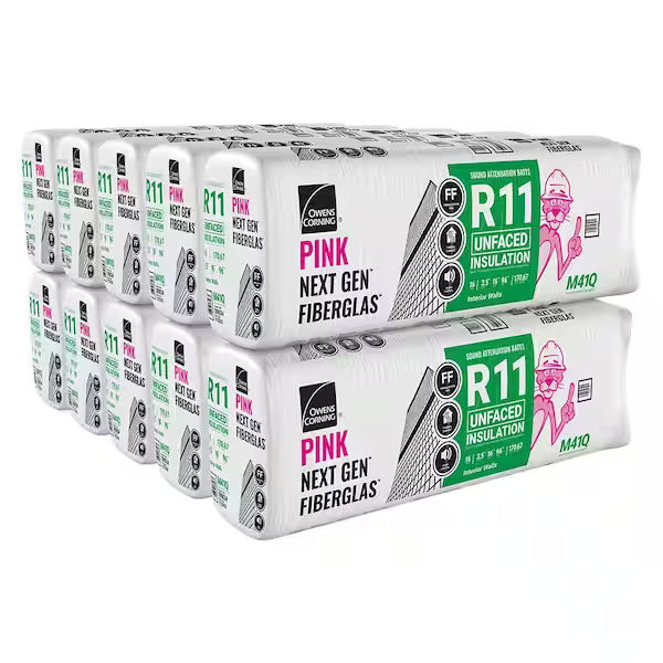 Several packages of Owens Corning R11 16 in. x 96 in. Unfaced Fiberglass Insulation Batt 171 SQ FT are stacked in two rows, displaying product labels with pink and green accents to highlight their advanced fiber technology.