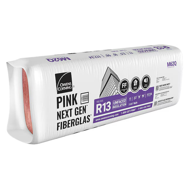 A sealed package of Owens Corning R13 16 in. x 96 in. wall unfaced fiberglass batt insulation, 117 sq. ft. per bag, with the signature pink material visible at one end.
