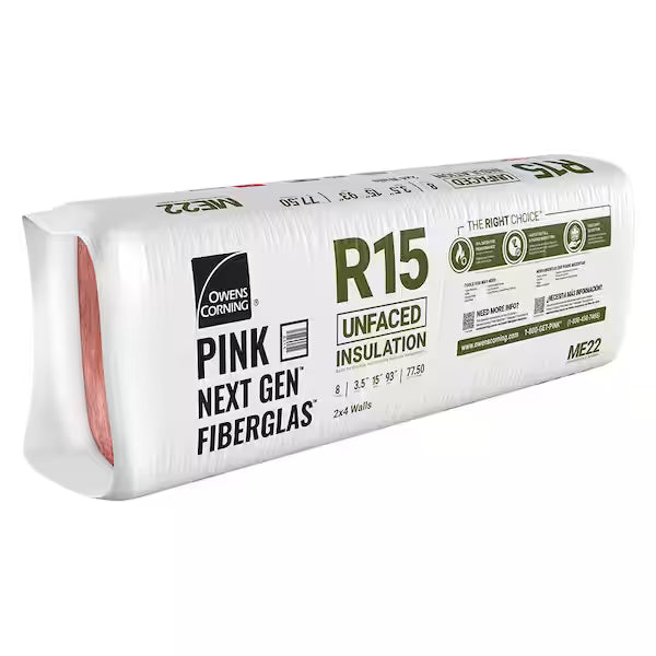 A package of Owens Corning R15 15 in. x 93 in. Unfaced Fiberglass Insulation Batt (78 sq. ft.) features mostly white packaging with the signature pink insulation visible at one end.
