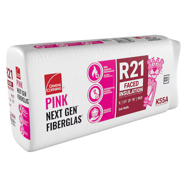 A wrapped package of Owens Corning R21 23"x93" Kraft Faced Fiberglass Insulation Batt (89 sq ft), featuring the Pink Panther mascot and feature icons, is ideal 2x6 wall insulation for energy-efficient fiberglass batt needs.