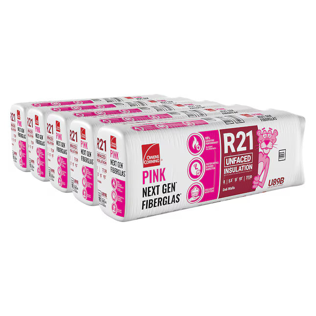 Six packs of Owens Corning R21 15 in. x 93 in. Unfaced Fiberglass Insulation Batt (78 sq ft each) with pink branding for walls, labeled as Next Gen Fiberglas.