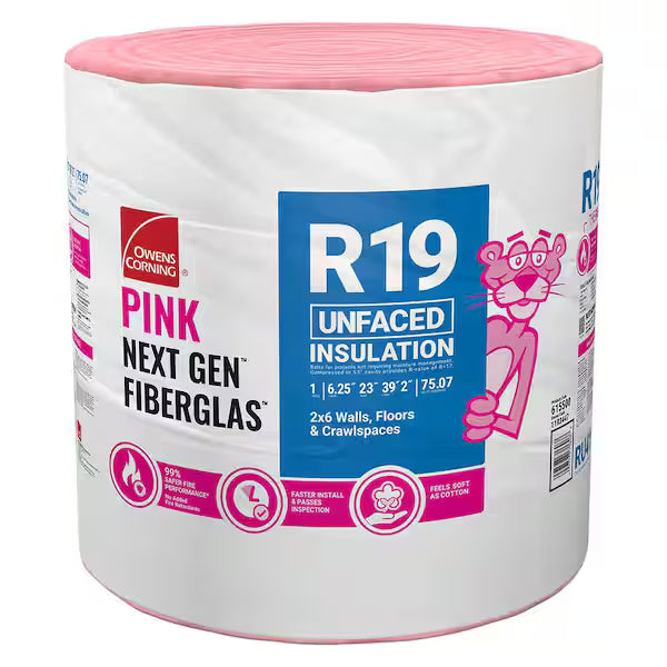A roll of Owens Corning R19 23 in. x 39.2 ft. unfaced fiberglass insulation (75 sq ft), designed for walls, floors, and crawlspaces. Packaging showcases the brand's Pink Panther mascot and product details in pink and blue.