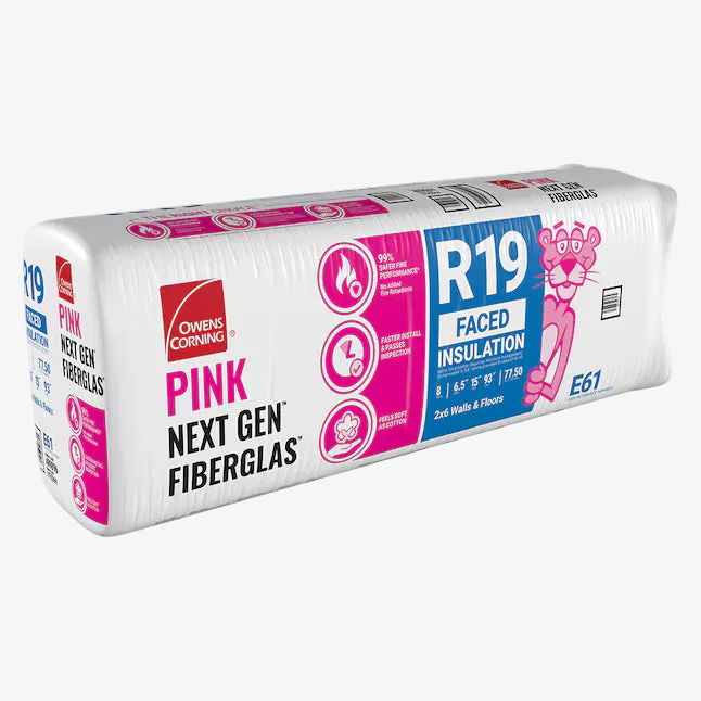 A package of Owens Corning R19 15 in. x 93 in. Kraft Faced Fiberglass Insulation (78 sq. ft.) displays product features, the Owens Corning logo, and the Pink Panther mascot on the front.