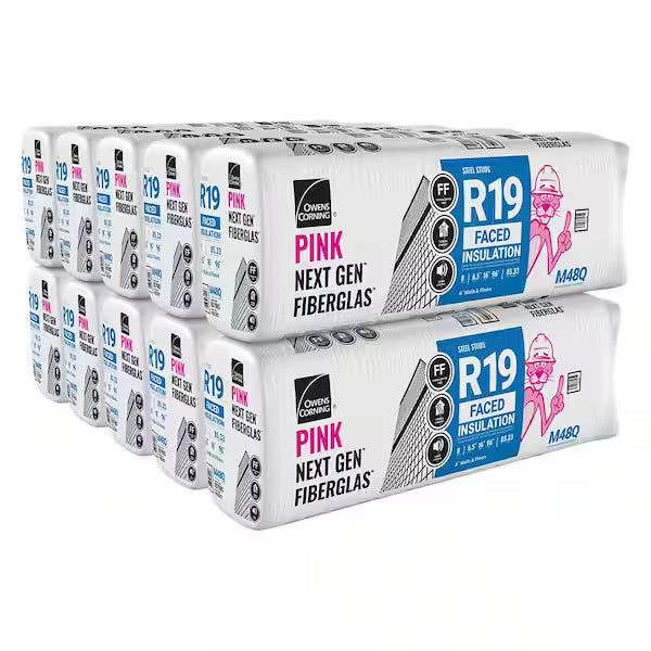 Twelve packages of Owens Corning R19 16 in. x 96 in. Kraft Faced Fiberglass Insulation Batt are stacked in two rows, with mostly white packaging featuring blue and pink accents and a pink cartoon character.