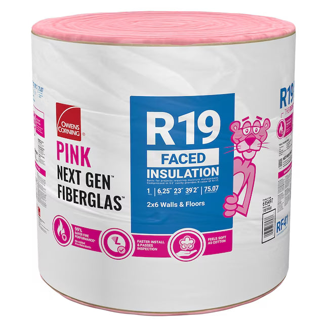 A large roll of Owens Corning R19 23 in. x 39'2 in Kraft Faced Fiberglass Roll Insulation (75 sq ft), featuring the Pink Panther mascot and product info on a white and pink label.