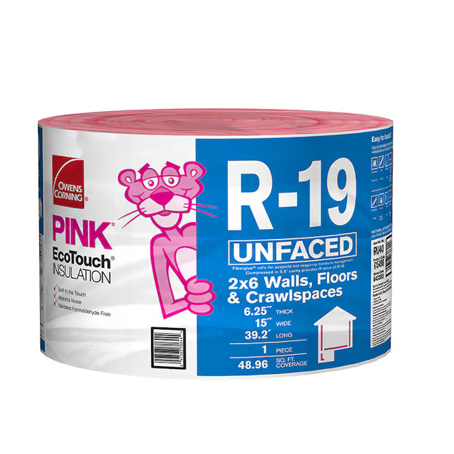 A roll of Owens Corning R19 23 in. x 39.2 in. Unfaced Fiberglass Insulation Continuous Roll 49SQ FT, ideal for walls, floors, and crawlspaces, with distinctive Owens Corning branding on the packaging.