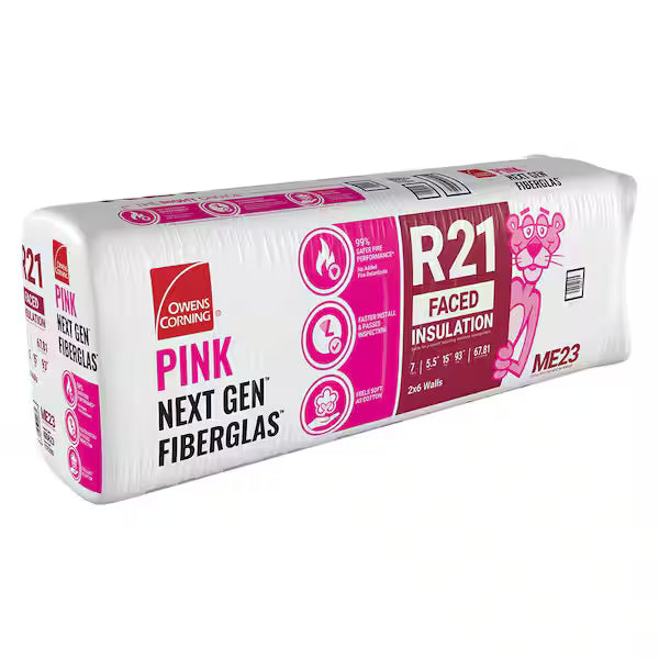A wrapped bundle of Owens Corning R21 15 in. x 93 in. Faced Fiberglass Insulation Batt (68 sq. ft.) for 2x6 walls, featuring the Pink Panther mascot plus icons for thermal performance, fire resistance, and eco-friendliness.