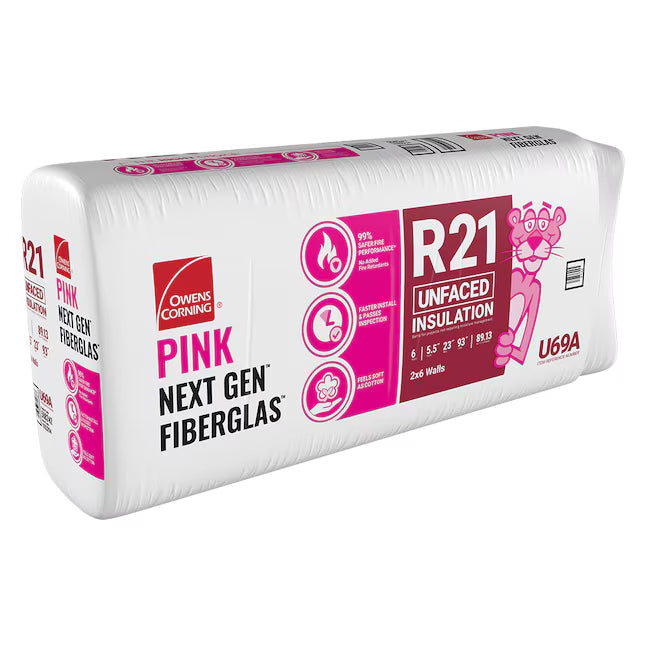A package of Owens Corning R21 23 in. x 93 in. Wall Unfaced Fiberglass Batt Insulation (89 sq ft) for 2x6 walls, featuring the Pink Panther mascot and icons for fire resistance, comfort, and energy savings.