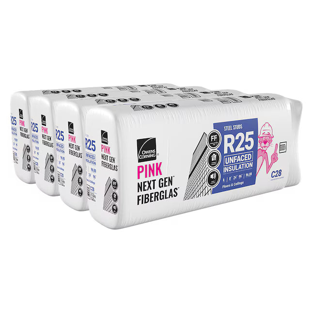 Four packages of Owens Corning R25 16 in. x 96 in Attic Unfaced Fiberglass Batt Insulation (64 sq. ft.) are stacked, showing product labels and the pink mascot. Packaging highlights quality fiberglass insulation for attics.