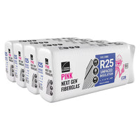 Four packages of Owens Corning R25 16 in. x 96 in Attic Unfaced Fiberglass Batt Insulation (64 sq. ft.) are stacked, showing product labels and the pink mascot. Packaging highlights quality fiberglass insulation for attics.