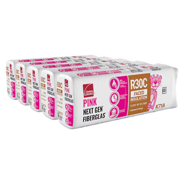 Five packages of Owens Corning R30C 15.5 in. x 48 in. Cathedral Ceiling Kraft Faced Fiberglass Insulation Batt 57 SQ FT are stacked side by side, showing pink and white packaging with product info and icons on the front.