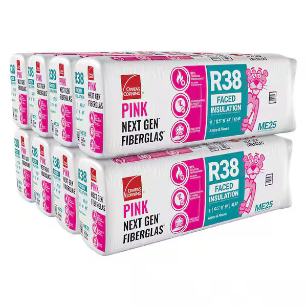 A stack of Owens Corning R38 16 in. x 48 in. Faced Fiberglass Insulation Batt 43SQ FT bundles, displaying the Pink Panther mascot and symbols for fire resistance, sound absorption, and energy efficiency.