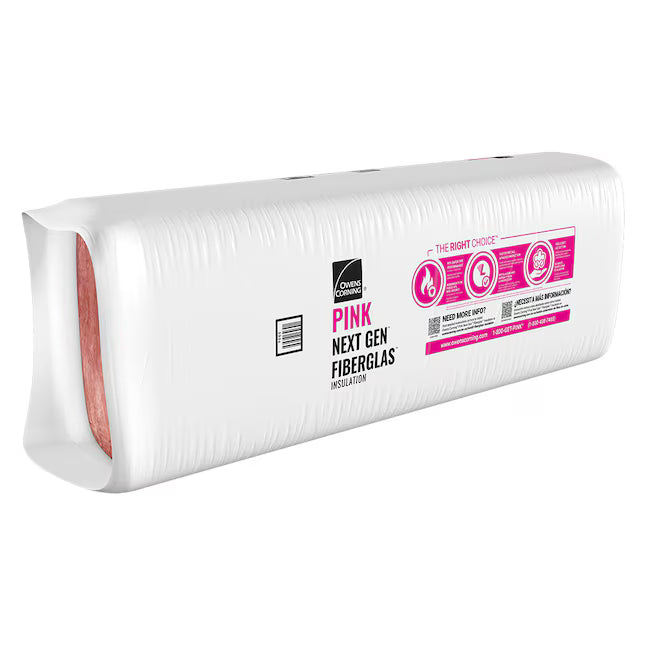 A sealed white package of Owens Corning R38C 15.5 in. x 48 in. Kraft Faced Fiberglass Batt Insulation (41 sq. ft.), featuring pink branding and a visible pink fiberglass end—ideal for easy installation in your project.