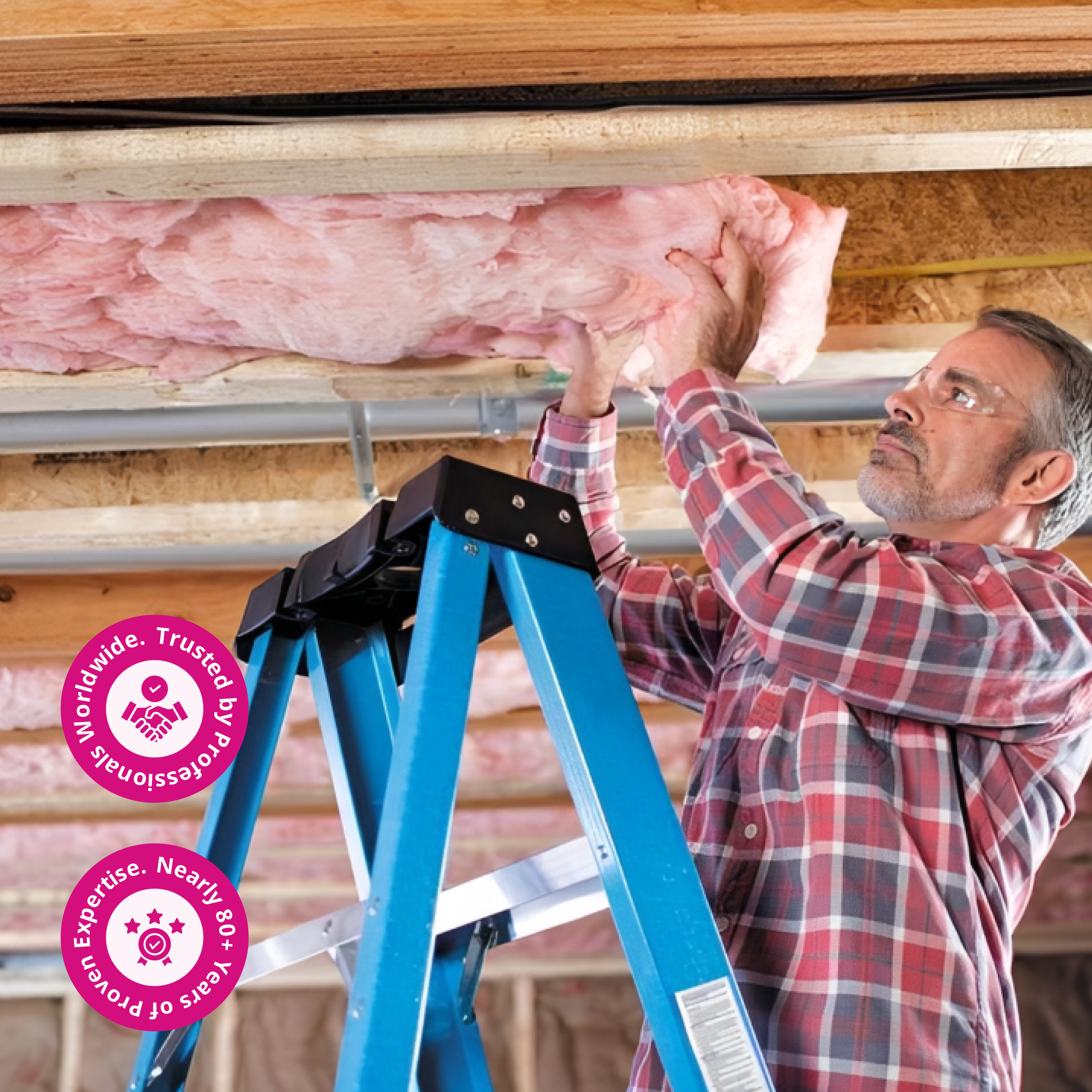 A man in a plaid shirt stands on a blue ladder installing Owens Corning R19 15 in. x 93 in. Kraft Faced Fiberglass Insulation batts in a ceiling, with badges highlighting expert service and nearly 80 years of trust.