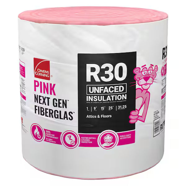 The Owens Corning R30 15 in. x 25 ft. Unfaced Fiberglass Insulation Roll (31 sq. ft.) is designed for attics and floors, featuring the Pink Panther mascot on mostly white packaging with pink accents.