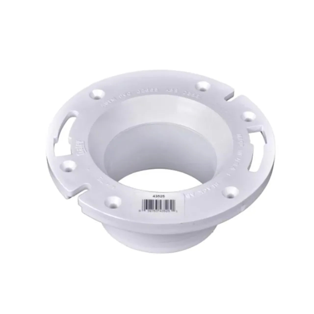 Go Build 4 in. PVC Open Toilet Flange features a round base with a wide rim, multiple bolt holes and slots, fits PVC Sch. 40 DWV pipe, and includes a barcode on the edge. Shown isolated on a plain white background.