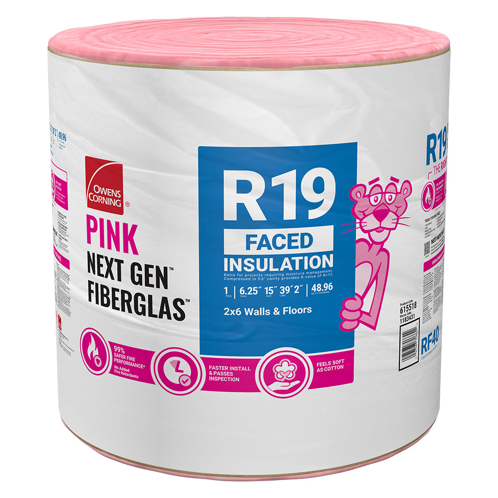 A large roll of Owens Corning R19 15 in. x 39.2 ft. Kraft Faced Fiberglass Roll Insulation (49 sq. ft.), designed for 2x6 walls/floors, features the Pink Panther mascot and blue/pink product details on the packaging.