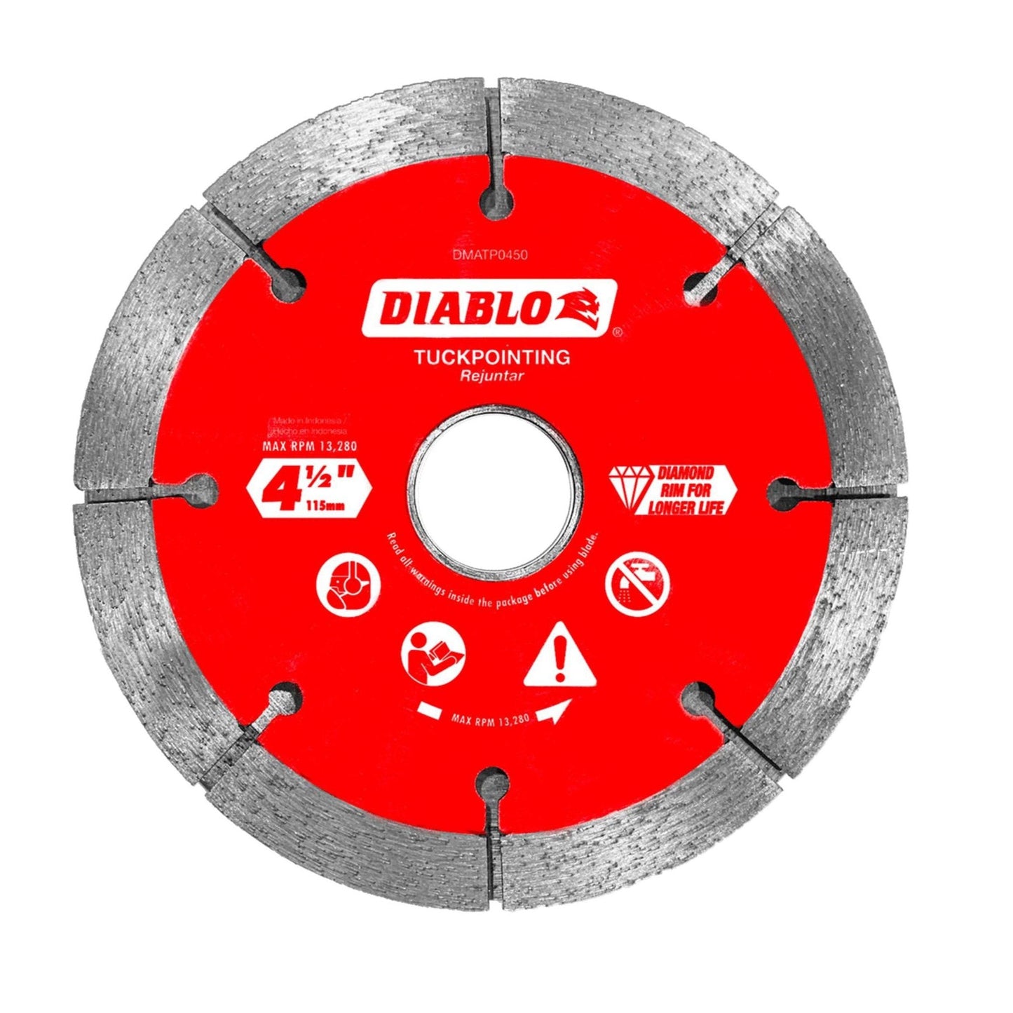 The DIABLO DMATP0450 is a 4-1/2 circular red tuckpointing blade with silver teeth and a dual blade design. It highlights Diamond Rim for Longer Life, includes safety icons, and is designed for mortar joint removal in masonry use.