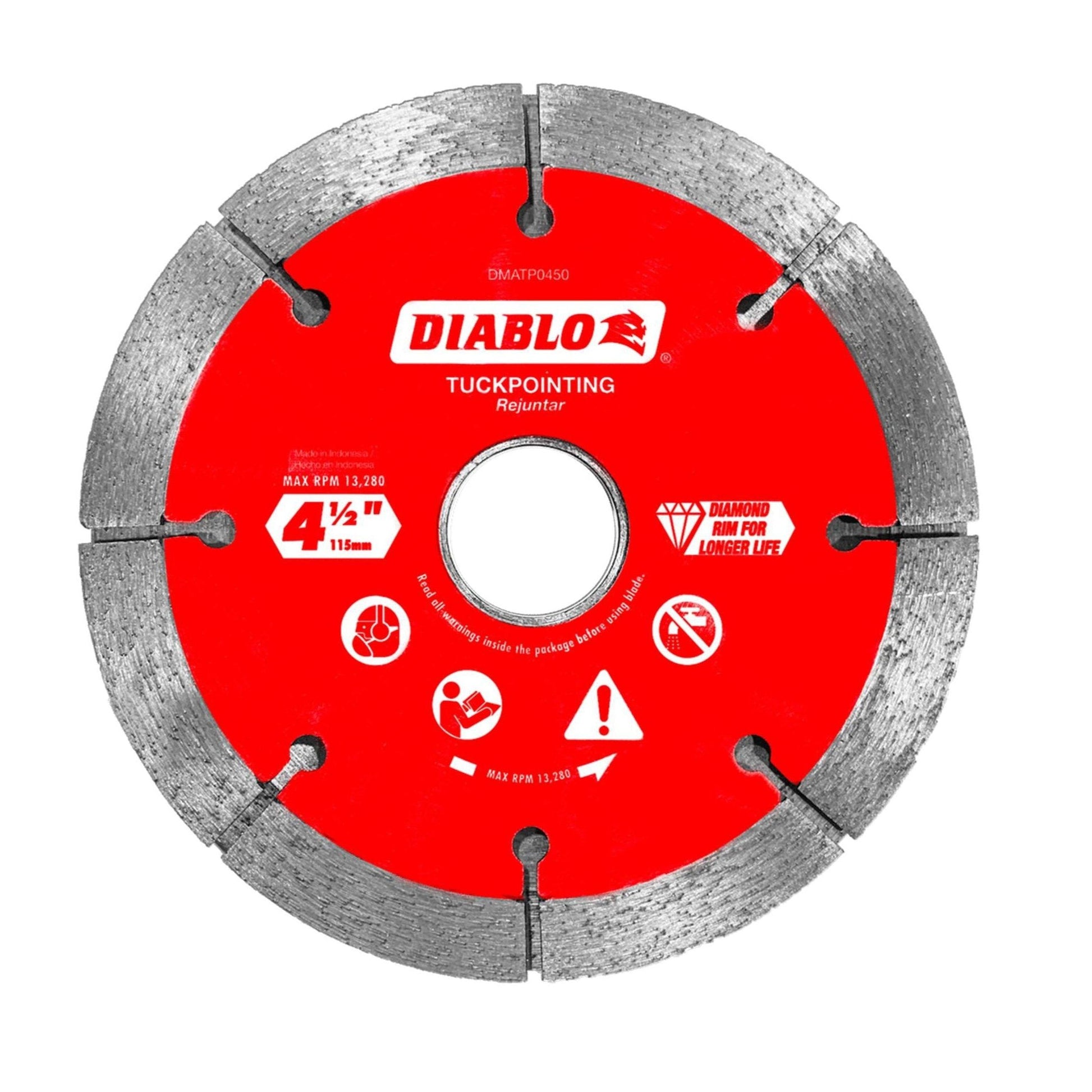 The DIABLO DMATP0450 is a 4-1/2 circular red tuckpointing blade with silver teeth and a dual blade design. It highlights Diamond Rim for Longer Life, includes safety icons, and is designed for mortar joint removal in masonry use.
