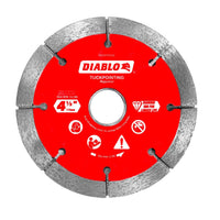 The DIABLO DMATP0450 is a 4-1/2 circular red tuckpointing blade with silver teeth and a dual blade design. It highlights Diamond Rim for Longer Life, includes safety icons, and is designed for mortar joint removal in masonry use.