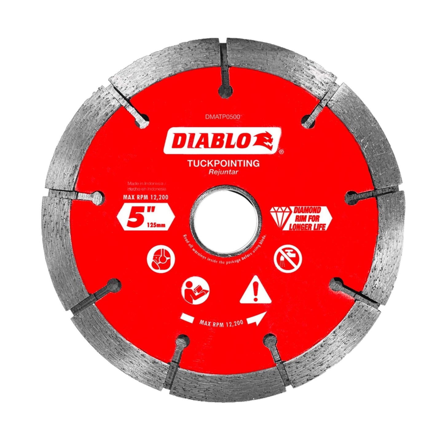 Image of the Diablo DIABLO DMATP0500 5-inch diamond tuckpointing blade with segmented edges, perfect for masonry tasks. It features a Diamond Rim for Longer Life and can reach up to 12,200 RPM, making it ideal for cutting bricks or mortar joint removal.