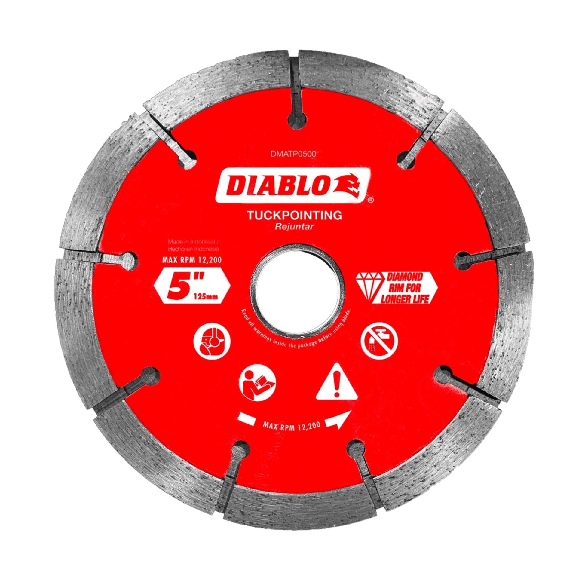 Image of the Diablo DIABLO DMATP0500 5-inch diamond tuckpointing blade with segmented edges, perfect for masonry tasks. It features a Diamond Rim for Longer Life and can reach up to 12,200 RPM, making it ideal for cutting bricks or mortar joint removal.