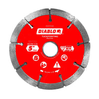 Image of the Diablo DIABLO DMATP0500 5-inch diamond tuckpointing blade with segmented edges, perfect for masonry tasks. It features a Diamond Rim for Longer Life and can reach up to 12,200 RPM, making it ideal for cutting bricks or mortar joint removal.