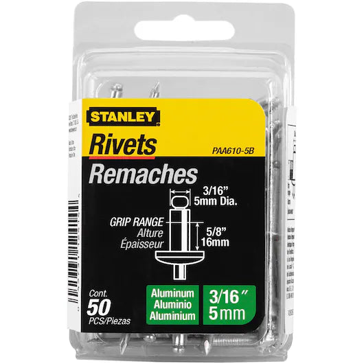 A pack of 50 STANLEY 3/16 in x 3/8 in aluminum rivets comes in clear plastic with black, yellow, and green labels. Corrosion-resistant—ideal for DIY projects.