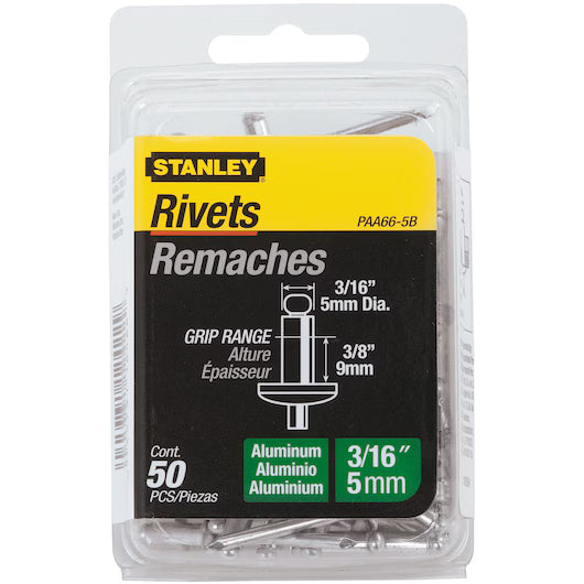 The STANLEY 3/16 in x 3/8 in Aluminum Rivets (50 Pk) features corrosion-resistant fasteners for DIY use. The mostly clear package with black and yellow branding is labeled in English and Spanish.