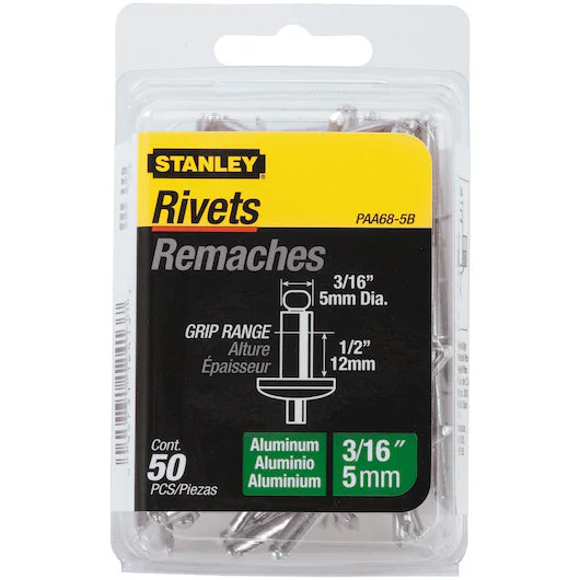 The STANLEY 3/16 in x 1/2 in Aluminum Rivets (50 Pk) are ideal for DIY projects, featuring durable fasteners in black, yellow, and green packaging labeled Rivets Remaches.
