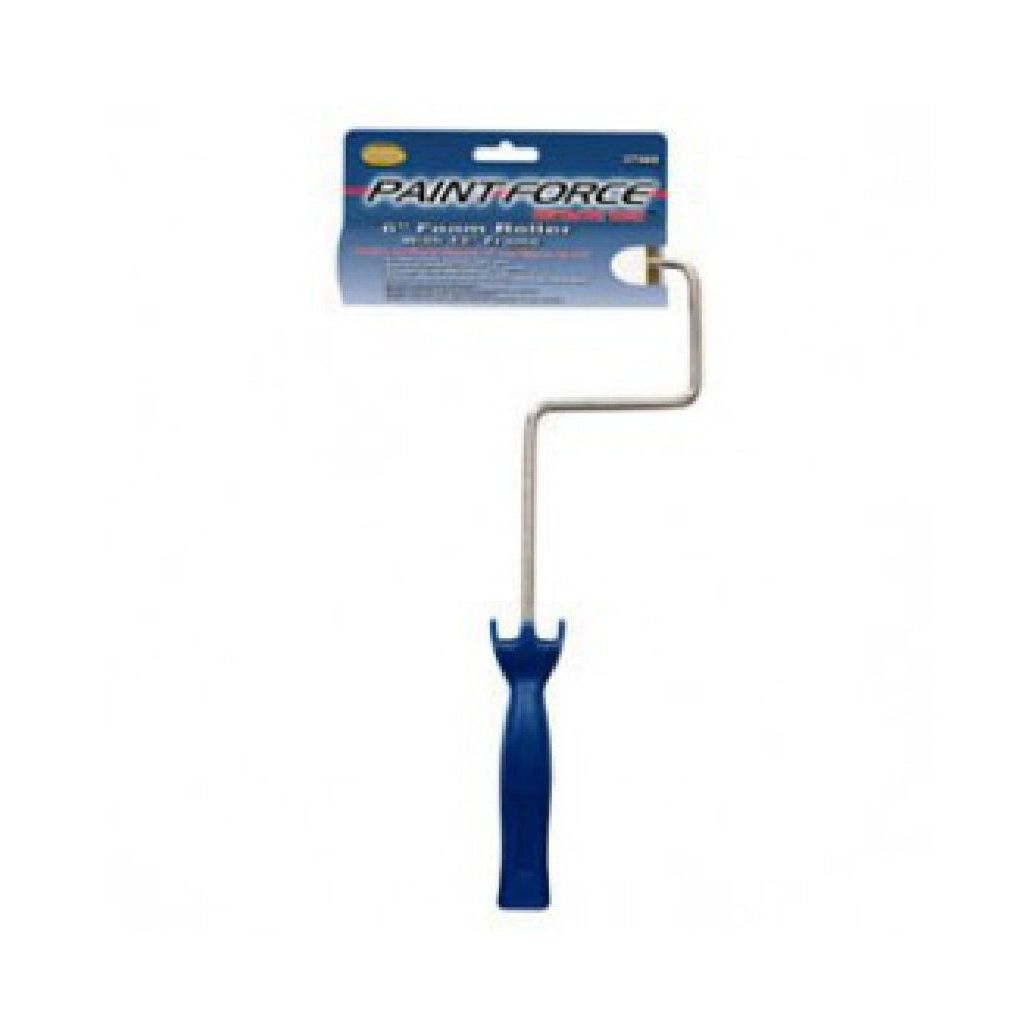 A PAINT FORCE PAINT-FORCE 37460 foam roller with a blue handle and 12 in. frame is showcased against a white background. Ideal for efficient painting, the packaging is visible at the top.