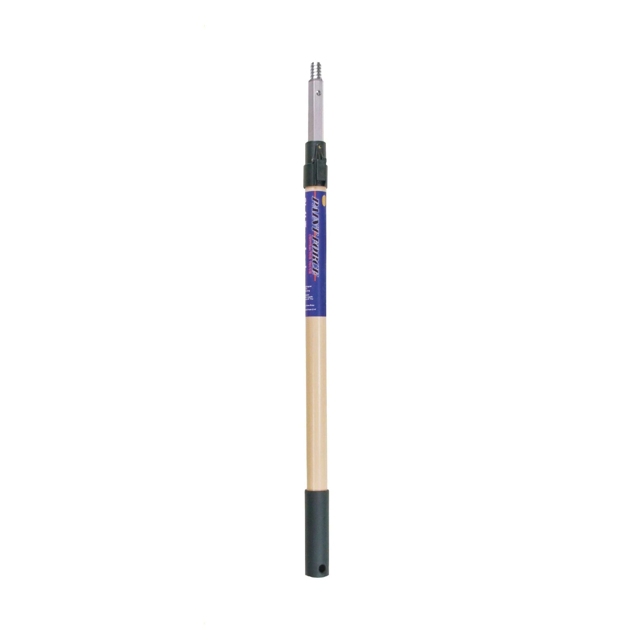 The PAINT FORCE 30344 Fiberglass & Aluminum Tru-Lock Extension Pole, extending from 4 ft. to 8 ft., has a green grip and beige shaft, ideal for securely reaching high or difficult spots. Its showcased against a plain white background.
