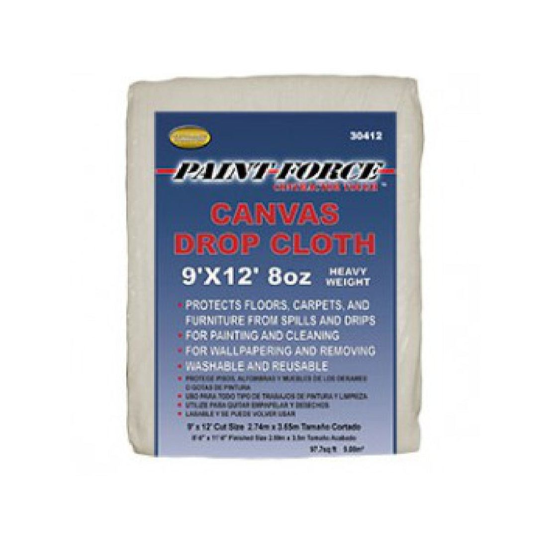 A packaged drop cloth named PAINT-FORCE 30412 9 in. x 12 in. 8 oz. Canvas Drop Cloth is featured with usage details on preventing paint spills on floors and furniture against a plain white background.