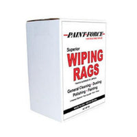 A white box labeled PAINT-FORCE 36120 is shown against a plain background. The red and black text highlights the 100% cotton, washed white knit rags, emphasizing their quality as absorbent cleaning cloths ideal for any task.