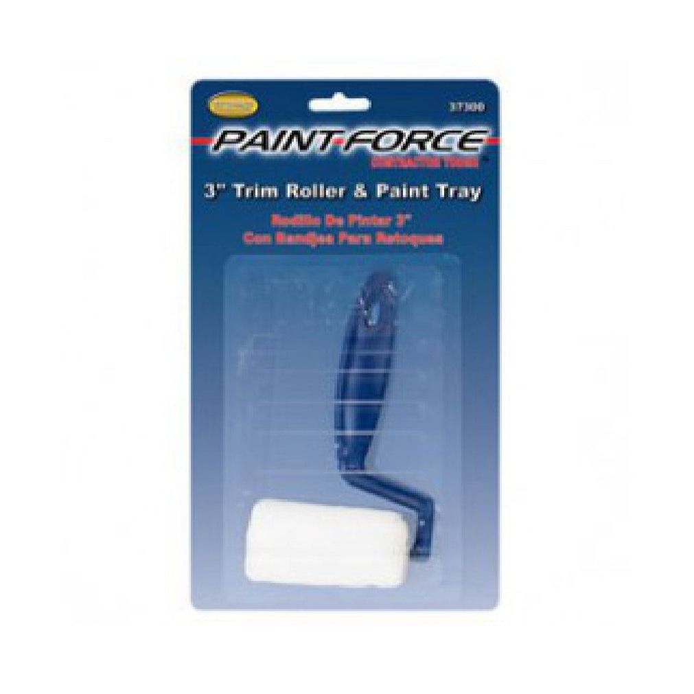 The PAINT-FORCE 37300 3 in. Trim Roller and Tray Set features blue packaging with Paint Force branding, a visible trim roller handle, and a tray folded behind the mini roller frame—ideal for small painting tasks or touch-ups.