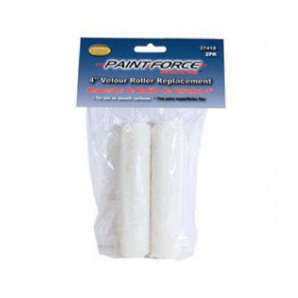 A two-pack of PAINT-FORCE 37418 4 in. x 1/4 in. Nap Velour Roller Refills comes in a clear plastic bag with a polished blue label on top. The label features the words PAINT FORCE and includes more details about the product.