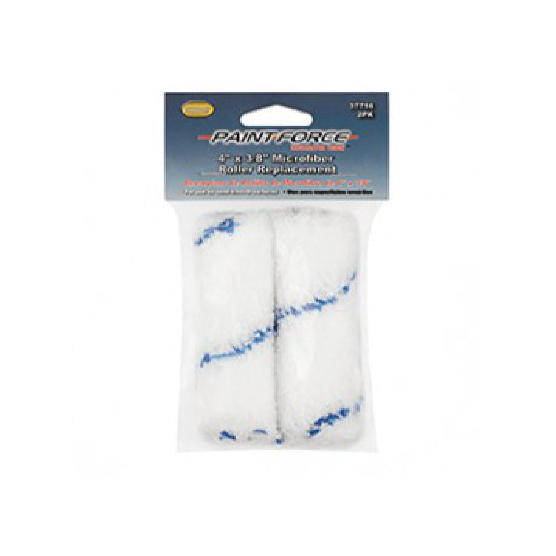 The PAINT-FORCE 37716 4 in. x 3/8 in. Nap Microfiber Mini Roller Refill (2-Pack) includes two white mini rollers with blue stripes for smooth paint application, packaged in clear plastic.