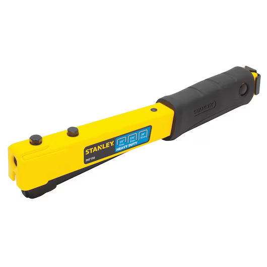 The STANLEY® Heavy-duty Hammer Tacker by STANLEY features a yellow and black design, rubberized grip handle, and labeled top buttons, making it ideal for efficient stapling in construction tasks.