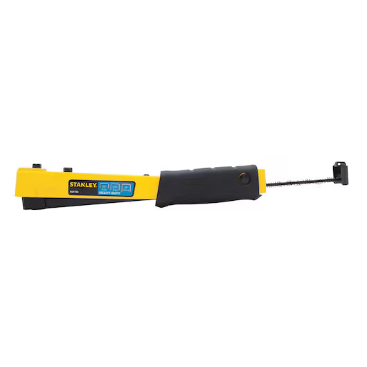 A yellow and black STANLEY® Heavy-duty Hammer Tacker by STANLEY, this durable construction tool features a robust design and is displayed against a white background.