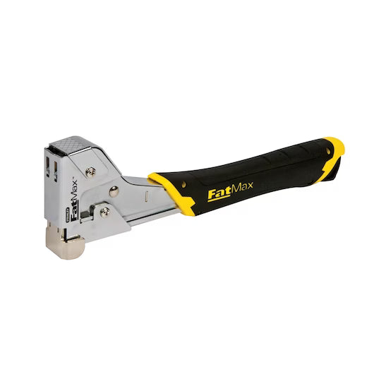 The STANLEY® FATMAX® Hammer Tacker by STANLEY is a chrome and black, professional-grade, heavy-duty stapling tool with a yellow-accented handle, ideal for demanding tasks.