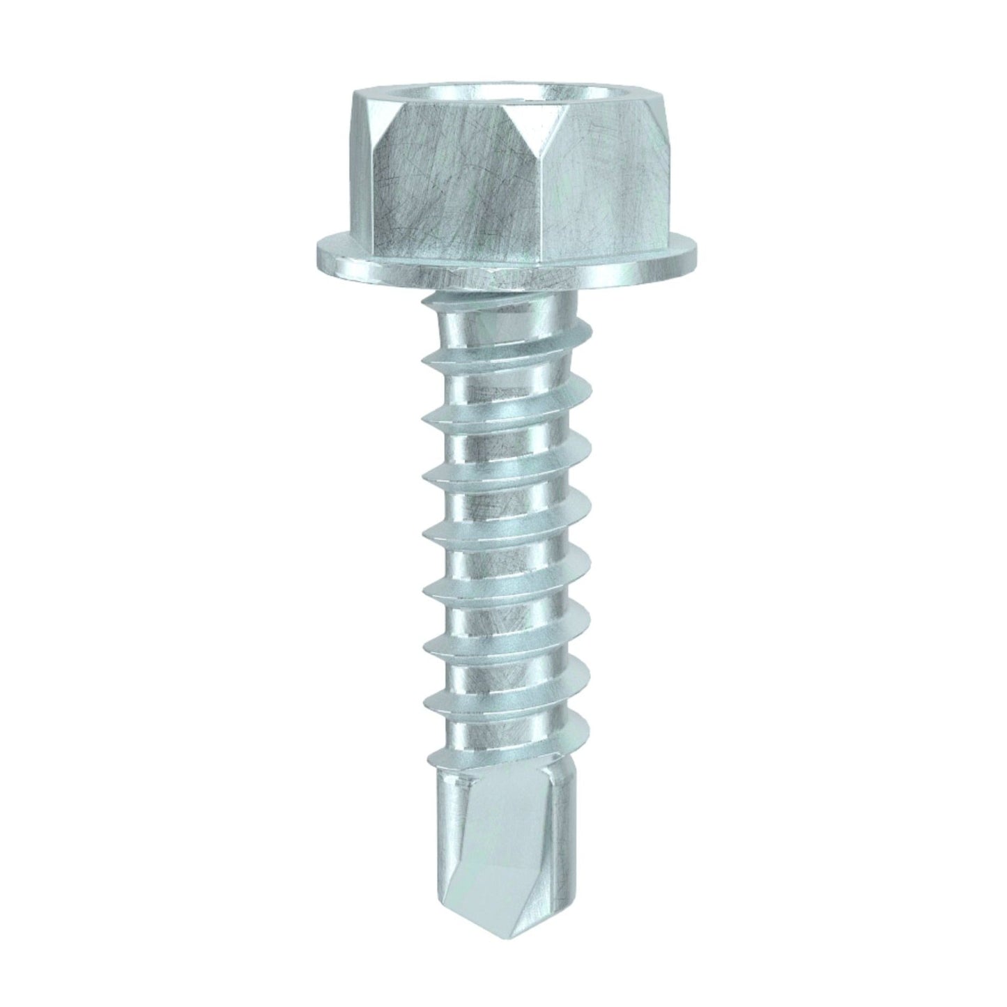 Close-up of a Pro-Twist #10 x 3/4 in. zinc-plated hex washer head self-drilling screw against a white background. Featuring a threaded shaft and pointed tip, it’s ideal for easy installation into materials without pre-drilling—a versatile addition to your fasteners collection.
