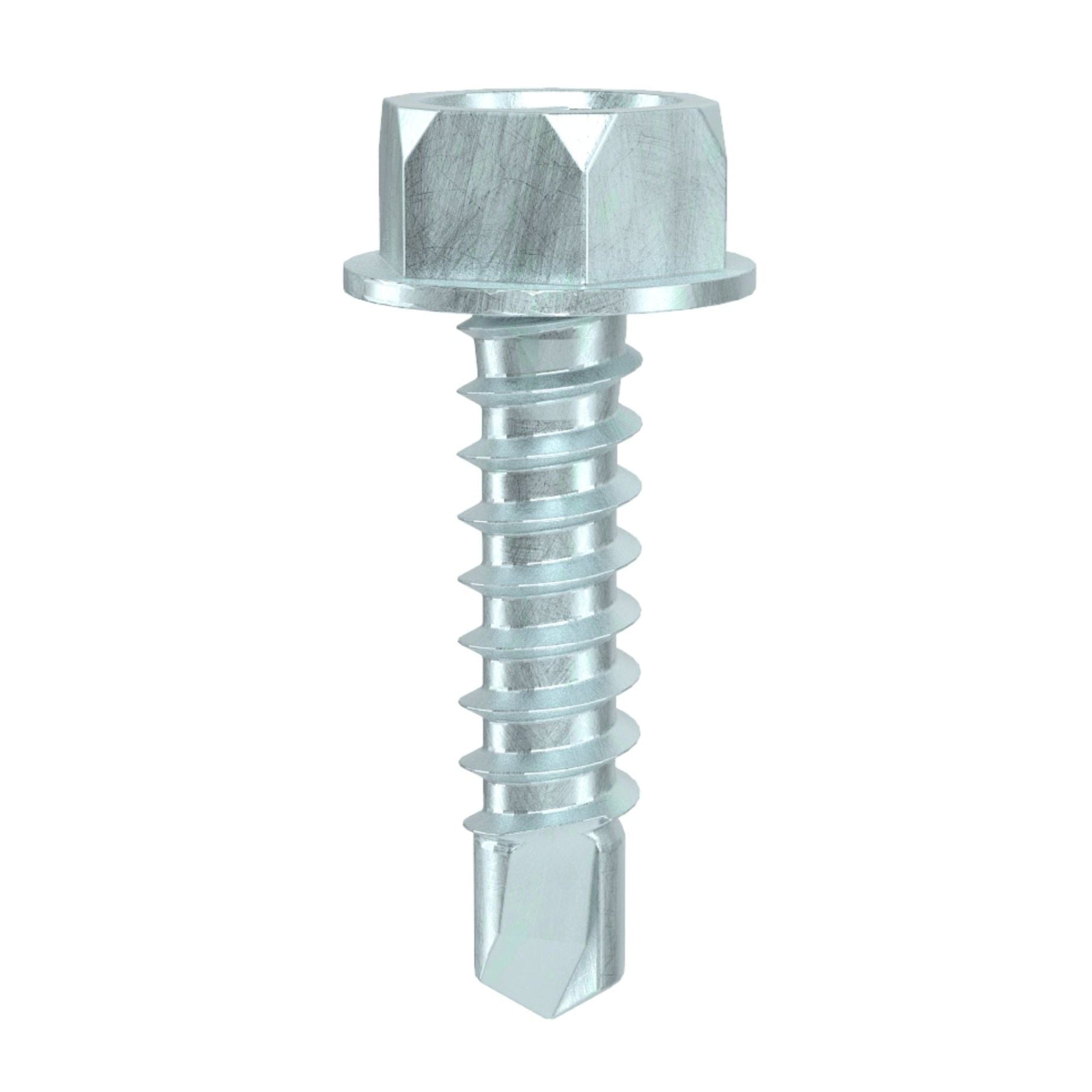 Close-up of a Pro-Twist #10 x 3/4 in. zinc-plated hex washer head self-drilling screw against a white background. Featuring a threaded shaft and pointed tip, it’s ideal for easy installation into materials without pre-drilling—a versatile addition to your fasteners collection.
