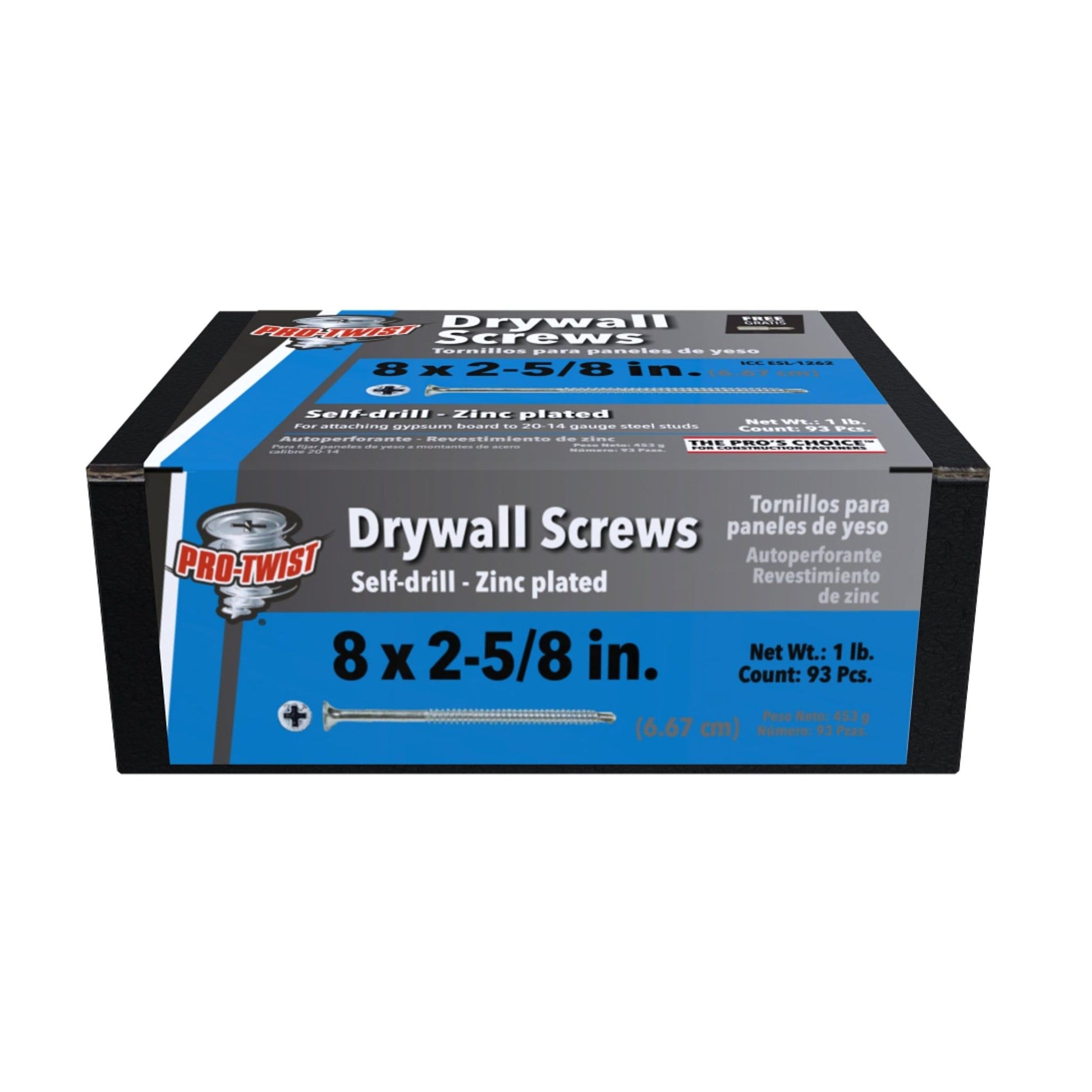A box of Pro-Twist screws, sized #8 x 2-5/8 inches, with a zinc finish and Phillips head, ideal for drywall. The blue and black package includes English and Spanish text. Each box contains 93 self-drilling screws and weighs 1 pound.